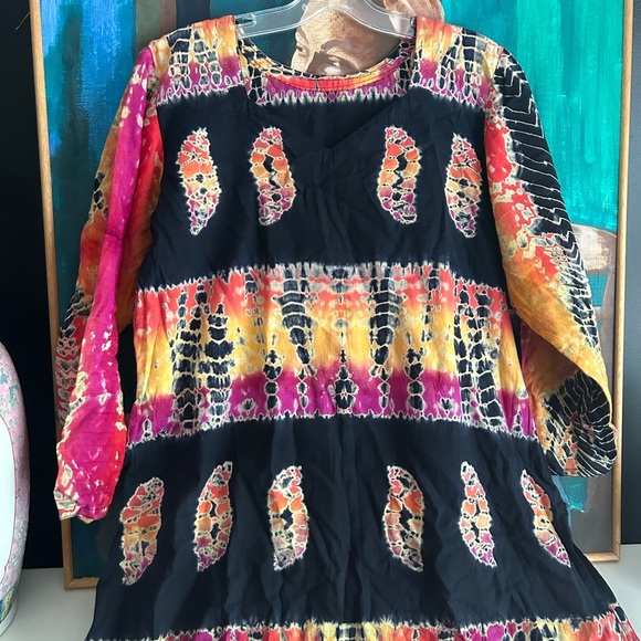Boho Colorful Women's Indian Blouse Tie Dye & Black Accents Large Free Size - Picture 3 of 16